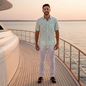 Tommy Bahama Relax Island Modern Fit Linen Blend Shirt Men's LG Aqua Floral